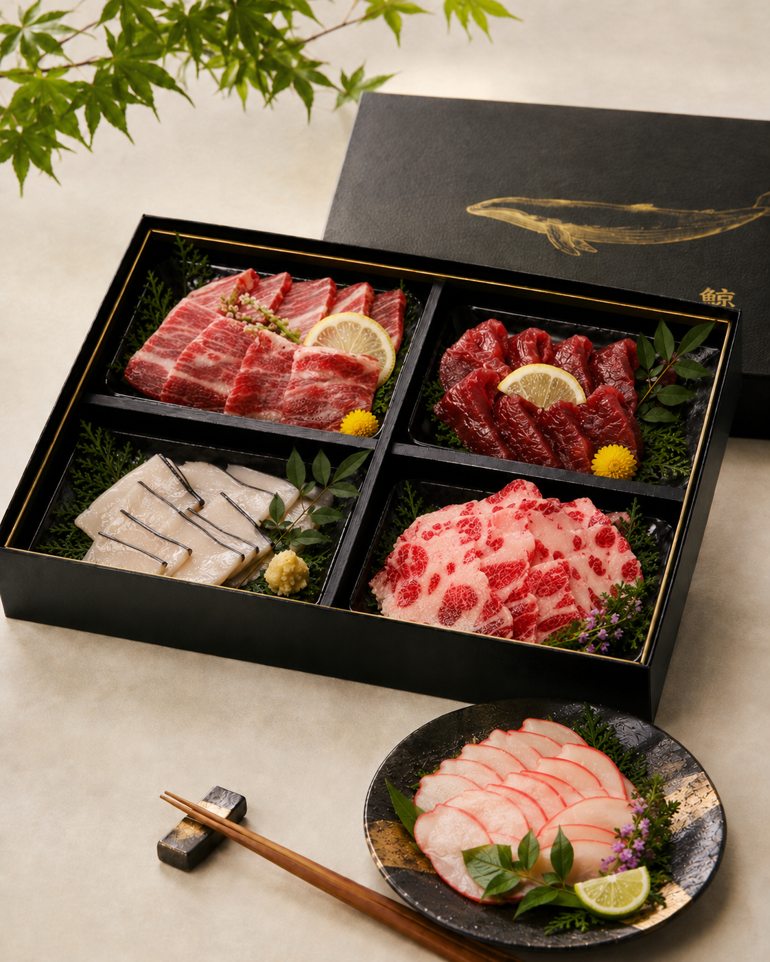 A serving presentation featuring assorted whale dishes